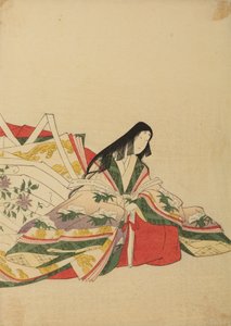 Ülő udvarhölgy, legyezőre támaszkodva, illusztráció az albumból: Nishiki-zuri onna sanju rokkasen e-zukushi alkotó: Chobunsai Eishi