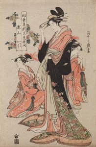 Seyama oiran a Matsuba-ya házból kamuróival, Irokával és Yukarival, a következő sorozatból: Az új Matsuba-ya ház megnyitóünnepsége alkotó: Chobunsai Eishi
