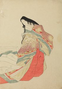 Álló udvarhölgy, illusztráció az albumból: Harminchat költőnő / Nishiki-zuri onna sanju rokkasen e-zukushi alkotó: Chobunsai Eishi
