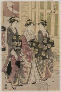 Az Ohishiya-i Kisagata udvarhölgye éjszaka sétál két sinzóval és egy kamuróval, c. 1790.
