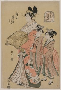 Takihime udvarhölgy és kísérői a Fiatal zöldek új mintái című sorozatból, 1795. alkotó: Chobunsai Eishi