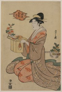 Nő, aki krizantémokkal díszített fa csészeállványt tart..., 1790-es évek közepe. alkotó: Chobunsai Eishi