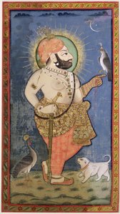 Maharana Bhim Singh of Mewar egy sólymával, Udaipur (Mewar) Rajasthan, 1805 körül (gouache arannyal a ruhán)