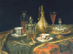 Bohém poharak, csészék és egy óra
