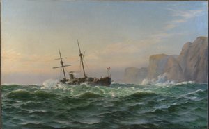 Az "Iver Hvitfeldt" páncélos hajó elhalad Forbjerget Stat mellett Trondhjem felé vezető úton 1893 nyarán. alkotó: Christian Blache