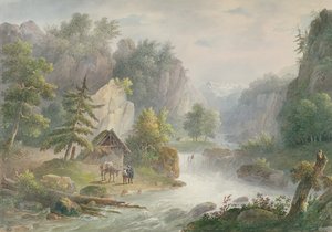 Hegyvidéki táj torrenttel, 1825 (wc papíron) alkotó: Christian Brune