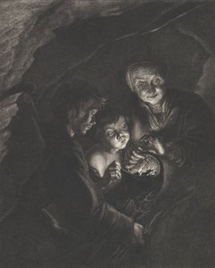 Éjszakai jelenet egy barlangban egy idős asszonnyal, aki égő szenet tart egy fazékban, egy fiú blowi..., kb. 1750-57 alkotó: Christian Friedrich Boëtius