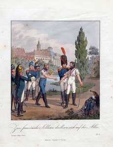 "Két francia katona párbaja" Christian Gottfried Heinrich Geissler (1770-1844) akvarellje 1808 Magángyűjtemény
