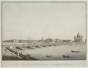 Kilátás a pétervári Szent Izsák-hídra – Christian Gottlieb Hammer (1779-1864). Rézkarc, akvarell, 1820 előtt. Szentpétervári Állami Történeti Múzeum