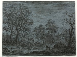 Kis folyó az előtérben tehénnel és kecskével, 1744. alkotó: Christian Ludwig von Hagedorn