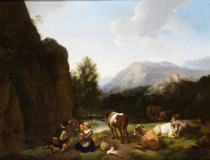 Pihenő család tehenek mellett egy folyó mellett alkotó: Christian Wilhelm Ernst Dietrich