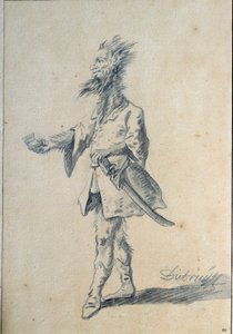 A vad ember karikatúrája egy szörnyeteg férfit ábrázol, hosszú, szőrös nyakkal és hasadt fülekkel. Lavis – Christian Wilhelm Ernst Dietrich (1712-1774) 18. századi V. 0,3x0,2 m Párizs, Louvre Múzeum