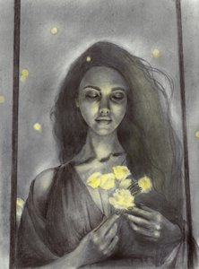 Álmodozó nő és ragyogó virágok alkotó: Christine Lindstrom