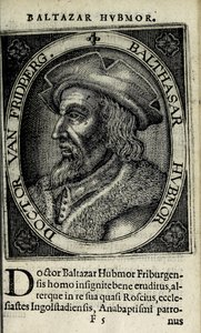 Balthasar Hubmaier, illusztráció az „Apocalypsis insignium aliquot heresiarcharum”-ból, Hendrik van Haestens, Amszterdam alkotó: Christoffel van the Elder Sichem
