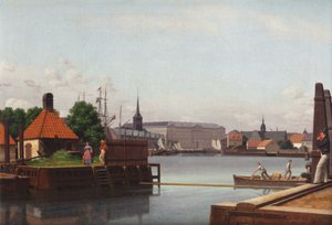 Dán: Børsen, Christiansborg, Holmens Kirke, set fra Asiatisk Kompagnis Plads A Børsen, Christiansborg és Holmen temploma, az Asiatisk Kompagnis Plads oldaláról nézve. alkotó: Christoffer Wilhelm Eckersberg