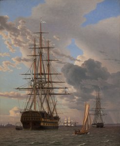 Az "Asow" orosz vonalhajó és egy fregatt horgonyonyt vet az Helsingör útjainál alkotó: Christoffer Wilhelm Eckersberg