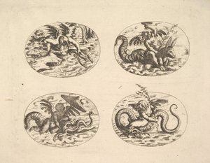 Putti tengeri szörnyekkel, tányérok a Neue Grotessken Buchból, 1610.