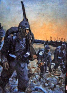 1914-es német gyalogság terepszínű egyenruhában (színes litográfia)