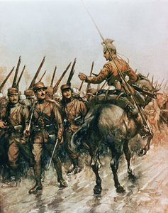 A Belga Idegenvezető Hadtest lándzsája 1914-ben a frontra menetelő francia gyalogság mellett (színes litó)