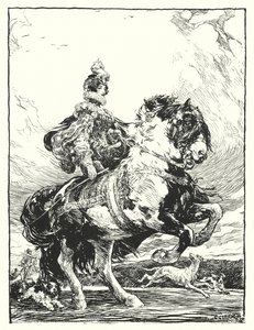 Tudor jelmezben vadászó nő lóháton (litho)
