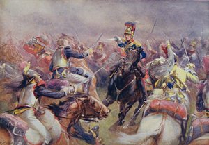 A Nehézdandár rohama a francia Cuirassiers ellen Waterloo-ban, a Sir Evelyn Wood (1838-1919) által szerkesztett Brit csaták szárazföldön és tengeren című művéből, amely először 1915-ben jelent meg.