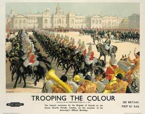 „Trooping the Colour”, a British Railways reklámplakátja, 1950 körül (színes litográfia) alkotó: Christopher Clark