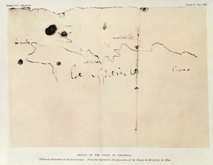 Kolumbusz első útja során készített vázlat Spanyolország partjairól, a Duque de Berwick y de Alba birtokában lévő eredeti példányról, 1492 (tinta, papír).