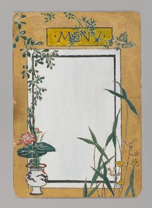 Menükártya bambusszal és virágokkal, 1880 körül. Akvarell, fekete tinta és fémfesték.