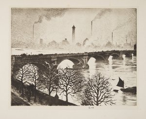 Waterloo-híd egy Savoyai ablakból, pub.1925 (rézkarc) alkotó: Christopher Richard Wynne Nevinson