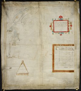 Bayford és Goodmanston uradalmak térképe Murston és Sittingbourne, co. Kent: 1590 (tinta és színes mosás pergamenre)