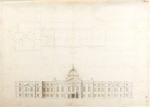 Hampton Court Palace, Részterv és vázlatos homlokzat bejárati homlokzathoz, valószínűleg a 2. tervhez, 5-ös és 6-os számmal