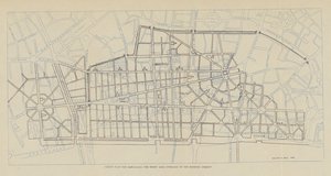 Sir Christopher Wren terve a leégett terület újjáépítésére a meglévő utcák fölé helyezve (litho)