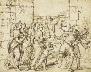 A római Lupercalian fesztivál: Luperci kutyáknak és kecskéknek öltözve találkozik Ámorral és a termékenység megszemélyesítőivel. alkotó: Circle of Adam Elsheimer