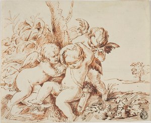 Két putti bekötötte a szemét egy harmadiknak alkotó: Circle of Guido Reni