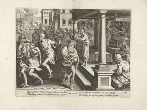 Pál kiűzi a démonokat Efézusban Az Apostolok Cselekedetei (sorozat címe) Acta Apostolorum (sorozat címe) alkotó: Claes Jansz. Visscher (II) (workshop of)