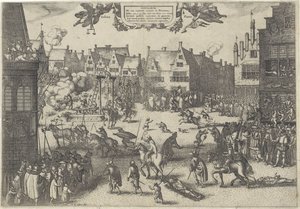 A puskapor-árulás összeesküvőinek kivégzése, 1606 Supplicium de octo coniuratis sumtum in Britannia (cím a tárgyon) alkotó: Claes Jansz. Visscher (II)