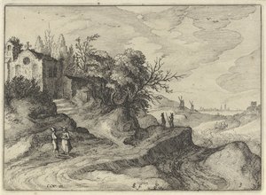 Kápolna kanyargós országúton Holland tájak (sorozat címe) Amaeniores Aliquot Regiunculae (sorozat címe az objektumon) alkotó: Claes Jansz. Visscher (II)