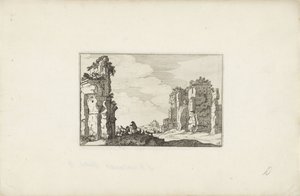 Két pásztor egy romnál Olasz tájak romokkal (sorozat címe) Variae antiquitates Romanae (sorozat címe a tárgyon) alkotó: Claes Jansz. Visscher (II)