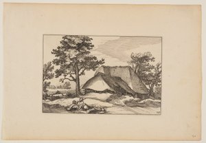 Pajták, pihenő csorda és kutya középen előtérben, a Tájképek (Verscheyden aerdige Lanthuysen...) alkotó: Claes Jansz. Visscher