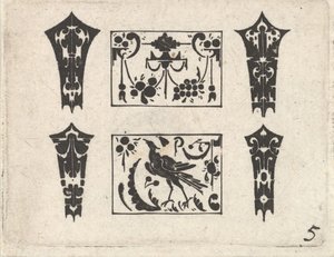 Blackwork nyomat szimmetrikus Schweifwerk mintával, kb. 1620.