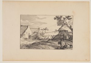 Tanyasi fiatalember és nő az előtérben, a Tájképek (Verscheyden aerdige Lanthuysen...) alkotó: Claes Jansz. Visscher
