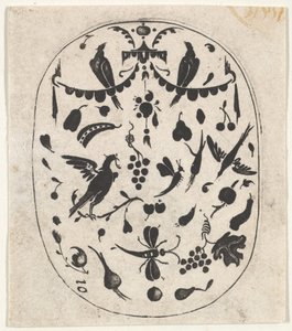 Ovális blackwork nyomat madarakkal, rovarokkal és gyümölcsökkel, kb. 1620.