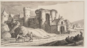 Egy paraszt lóval a városfal melletti úton, a Tájképek (Playsante Lantschappen) című képből. alkotó: Claes Jansz. Visscher II
