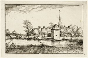 Tó és egy falu, tizenötös tányér tanyák, vidéki házak és falusias falvak képei után (Praediorum villarum et rusticarum casularum icones) alkotó: Claes Jansz. Visscher II