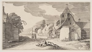 Három paraszt pihen egy falu útkereszteződésénél, a Landscapes (Playsante Lantschappen) című képből. alkotó: Claes Jansz. Visscher II