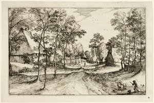 Falusi út, tizennégyes tányér a tanyák, vidéki házak és falusias falvak képei után (Praediorum villarum et rusticarum casularum icones) alkotó: Claes Jansz. Visscher II
