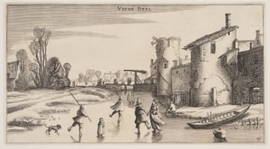 Téli táj korcsolyázókkal a városfal mentén, a Landscapes (Playsante Lantschappen) című képből alkotó: Claes Jansz. Visscher II