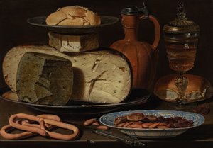Csendélet sajtokkal, mandulával és perecsel, 1615 körül