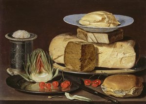 Csendélet sajtokkal, articsókával és cseresznyével, 1625 körül