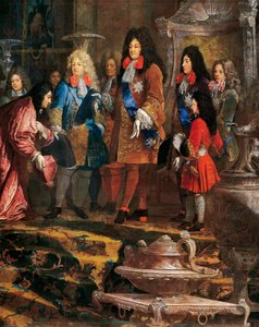 XIV. Lajos benyújtott, genovai dózse 1685 májusában, Claude-Guy Halle (1652-1736) festményének részlete, Franciaország